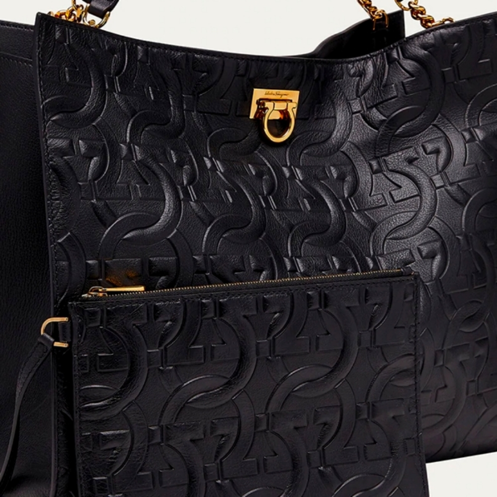 Salvatoré Ferragamo TRIFOGLIO Tote Bag, Black with GOLD accents. Italian Leather